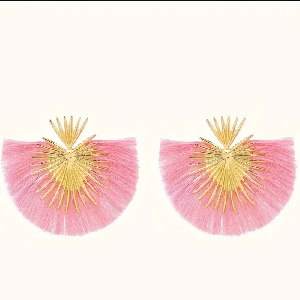 Bubblegum Pink and Gold Fringe Large Fan Earrings